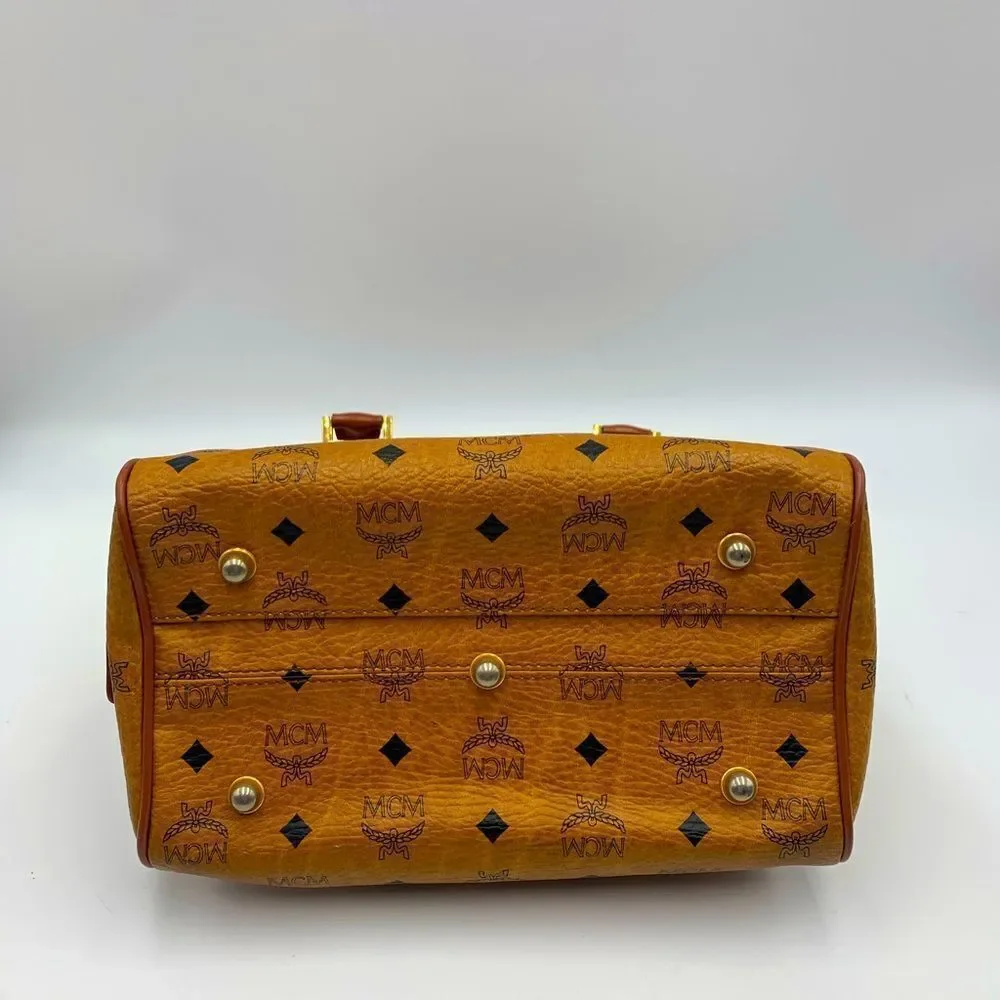 Auth MCM Visetos Cognac Brown Coated Canvas Leather Boston Tote Handbag Preloved